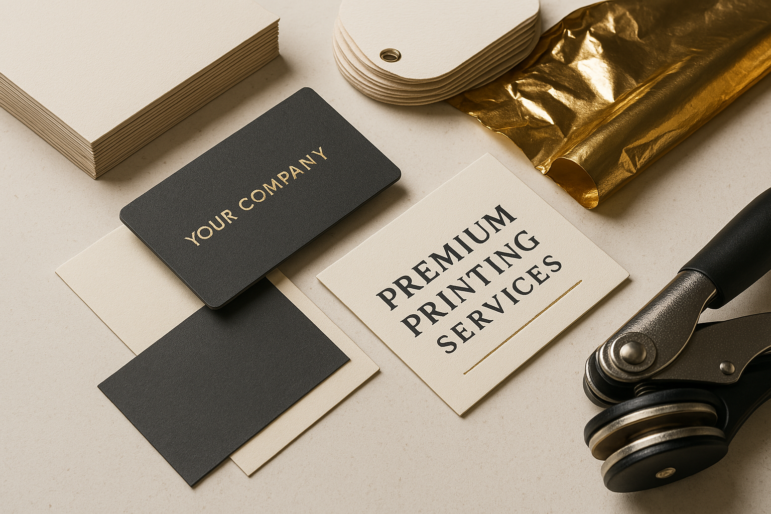 Premium printing materials with elegant black and gold business cards